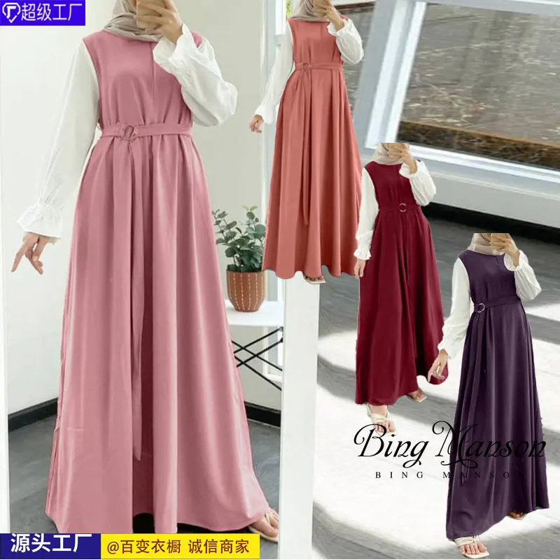 

New Women Muslim Abaya Maxi Dress Casual Solid Patchwork Long Sleeve Belted Vestidos Kaftan Clothing Vintage Sundress Robe