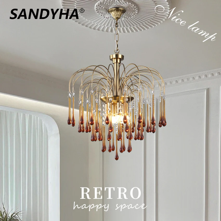 

French Retro Chandelier Water Drop Glass Amber Hanging Lamp Luxury Dining Living Room Bedroom Bed Home Decorate Indoor Lighting