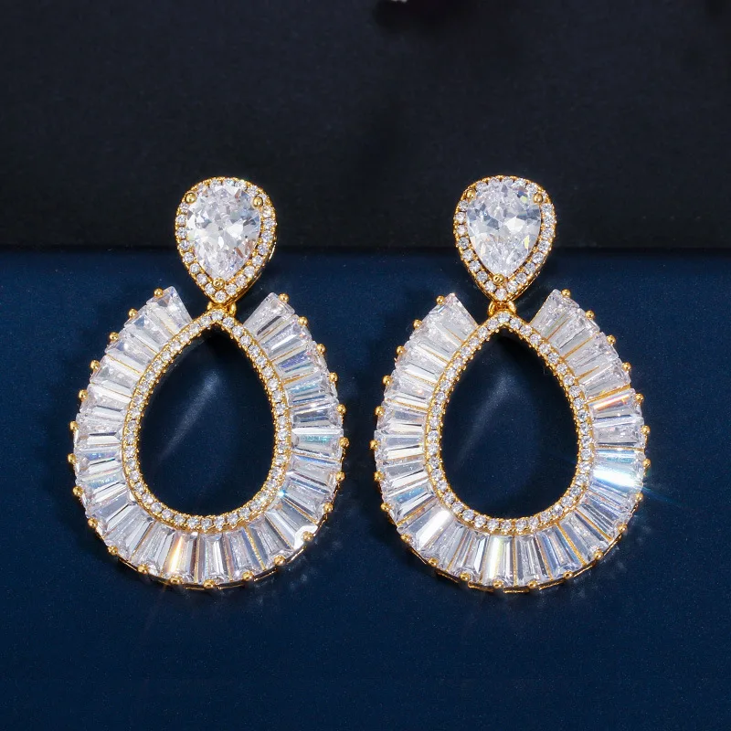 

Glittering Gold Color White Baguette Cubic Zirconia Women Luxury Big Round Wedding Earrings Brides Jewelry Gift