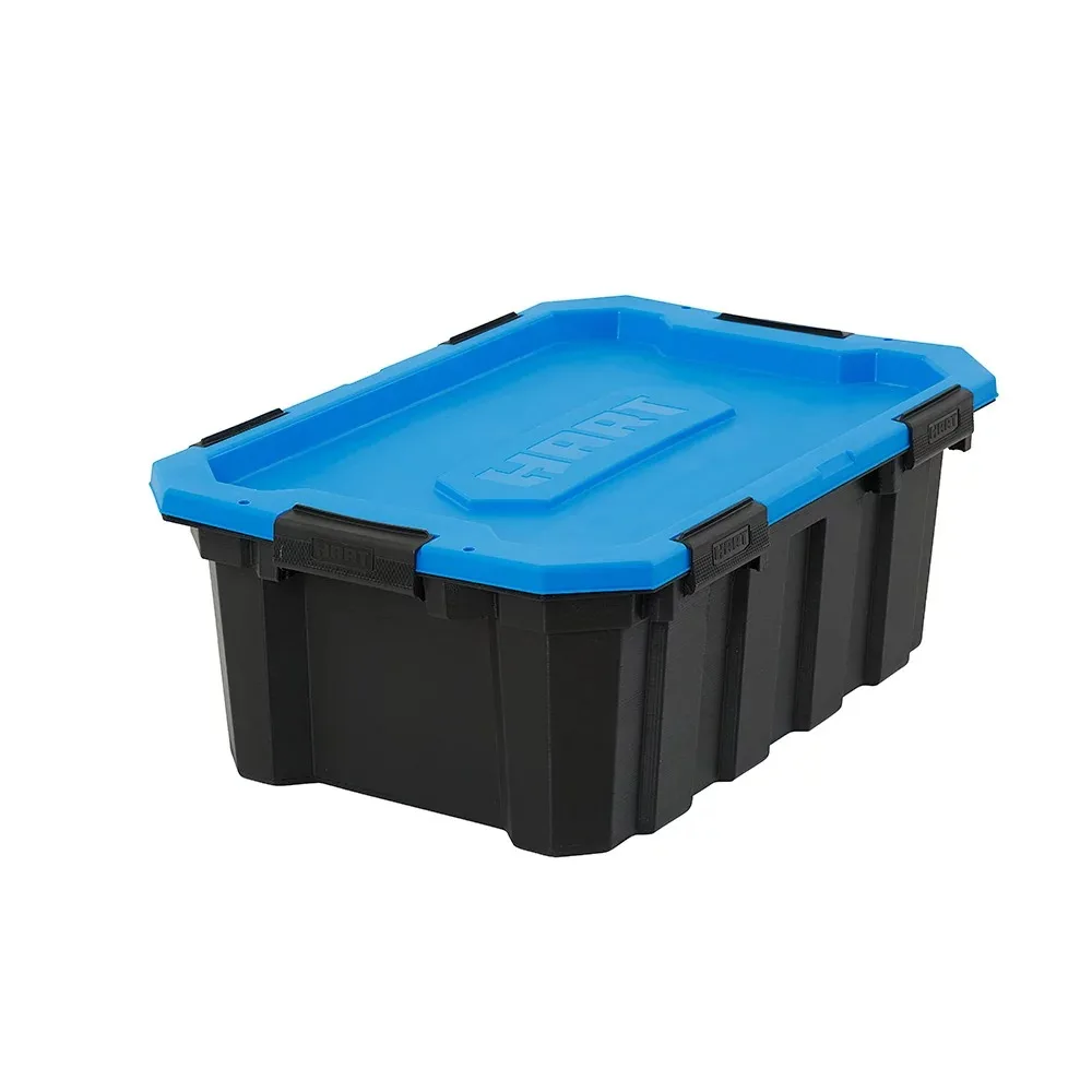 18 Gallon Heavy Duty Weatherproof Plastic Storage Bins, Black with Blue Lid Tool Box Organizer