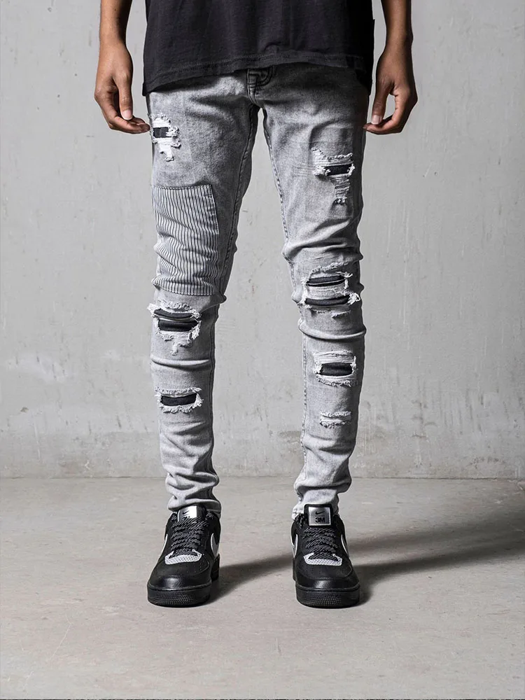 Retro Ripped Distressed Jeans for Men Beggar Patch Patchwork Washed Hip Hop Slim Fit Denim Trousers Man Casual Jean Pants