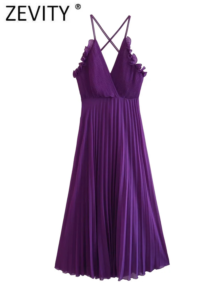 

Женское пикантное платье-миди Zevity с V-образным вырезом и оборками, плиссированное платье на бретельках, женское шикарное летнее платье с открытой спиной и шнуровкой DS4382