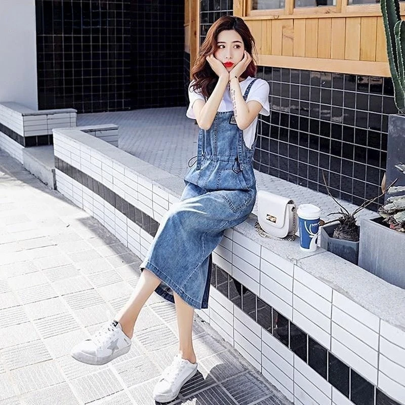 

Summer Strap Denim Dress Sundress Women Sleeveless Long Jeans Dresses for Womens Korean Street Robe Femme E88