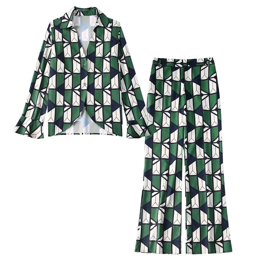 

Two-piece Chic Women's Geometric Print Irregular New Shirt Retro Versatile Casual Fashion Women's Top High Waist Pants Set Mujer