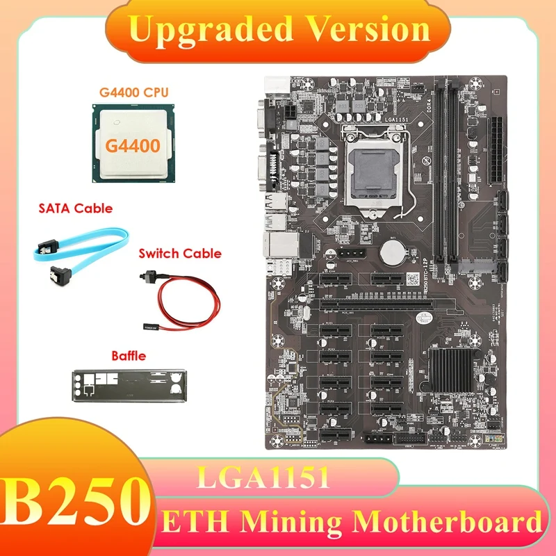 

B250B ETH Mining Motherboard+G4400 CPU+SATA Cable+Baffle+Switch Cable LGA1151 DDR4 12XGPU Slot MSATA For BTC