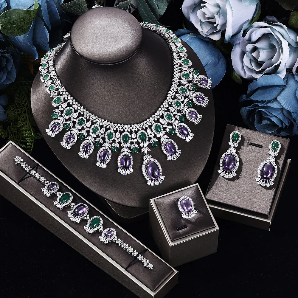 

Fashion Big Luxury Green And Purple Color Jewelry Sets For Women Wedding Cubic Zircon African Dubai Bridal Jewelry Bijoux N-533