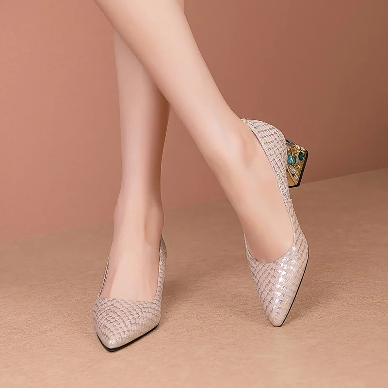 print leather pumps spring summer women pumps female shoes women pointed toe ladies fashion crystal heel nude pumps footwear