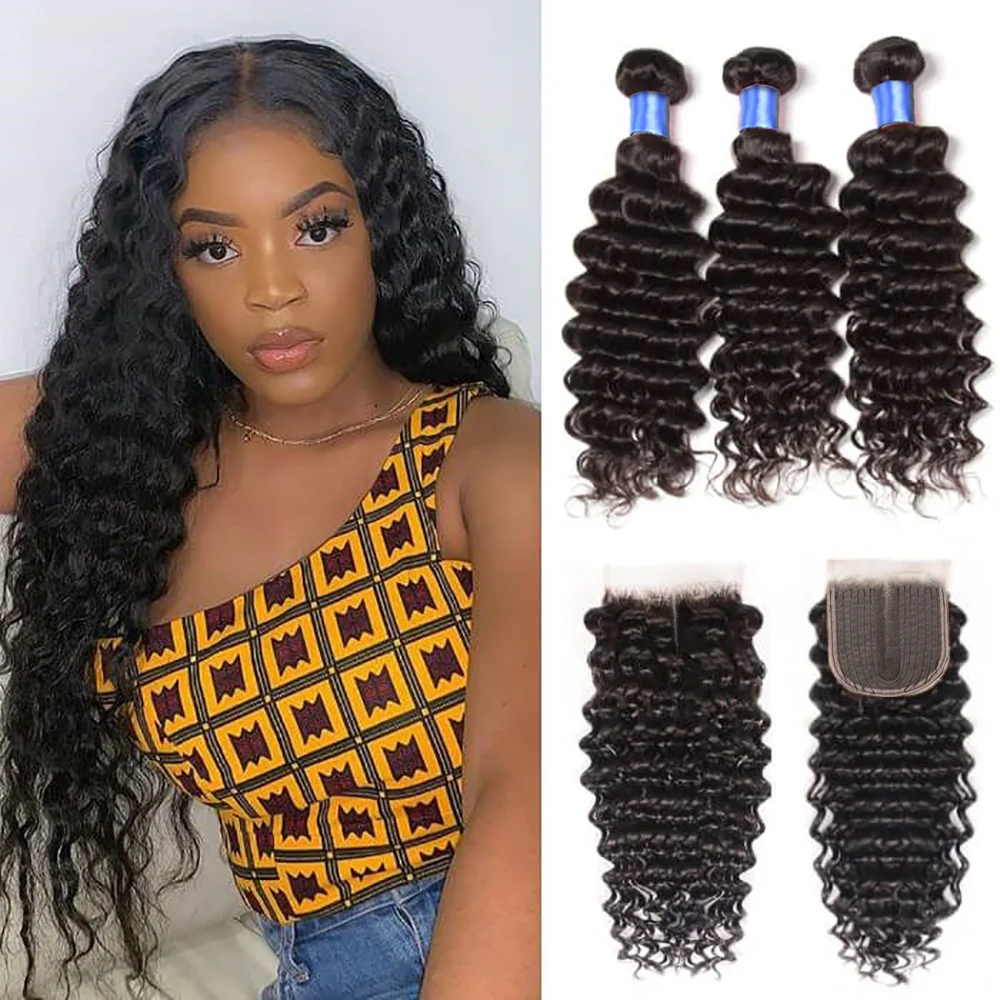 Human Hair  Bundles With Closure Brazilian Long Hair Deep Curly Weave Pre Plucked Remy Hair Extension Human Hair With Closure