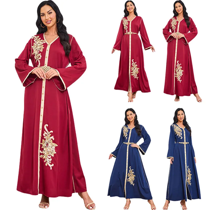

Muslim Abaya Dress Dubai Button Tape Trim Belted Kaftan Split Hem Long Dress Print Fall 2023 Turkey Arabic Oman Moroccan Caftan
