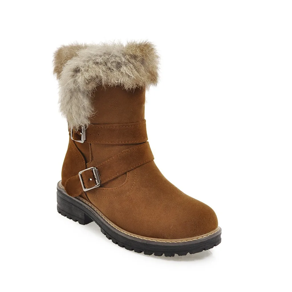

Round Toe Med Heel Boots Plush Leather Women's Shoes Winter Footwear Fur Large Size Rock 2022 Rubber Elegant Casual Riding with