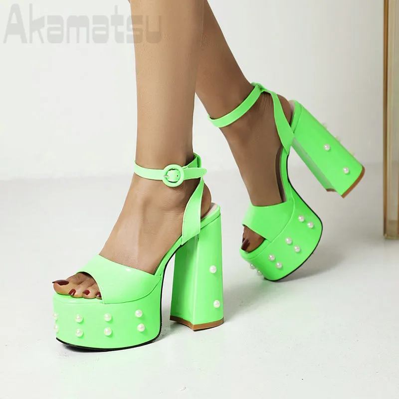 

Fish Mouth Women's Sandals with Pearl Decoration Summer Waterproof Platform Thick Sole High Heel Green Black Shoes Size 35-46