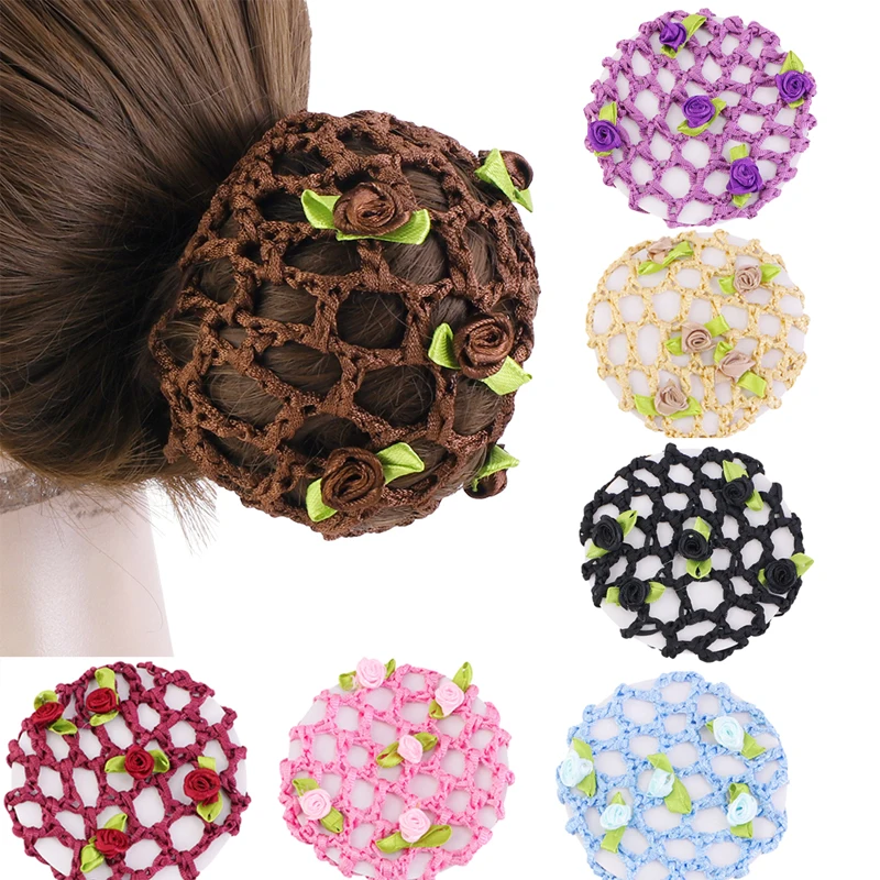 

Hair Net Bun Cover Mesh Rose Flower Decor Crochet Elastic Hair Clip Snood for Women Girls Kids Ballet Dancer Skating