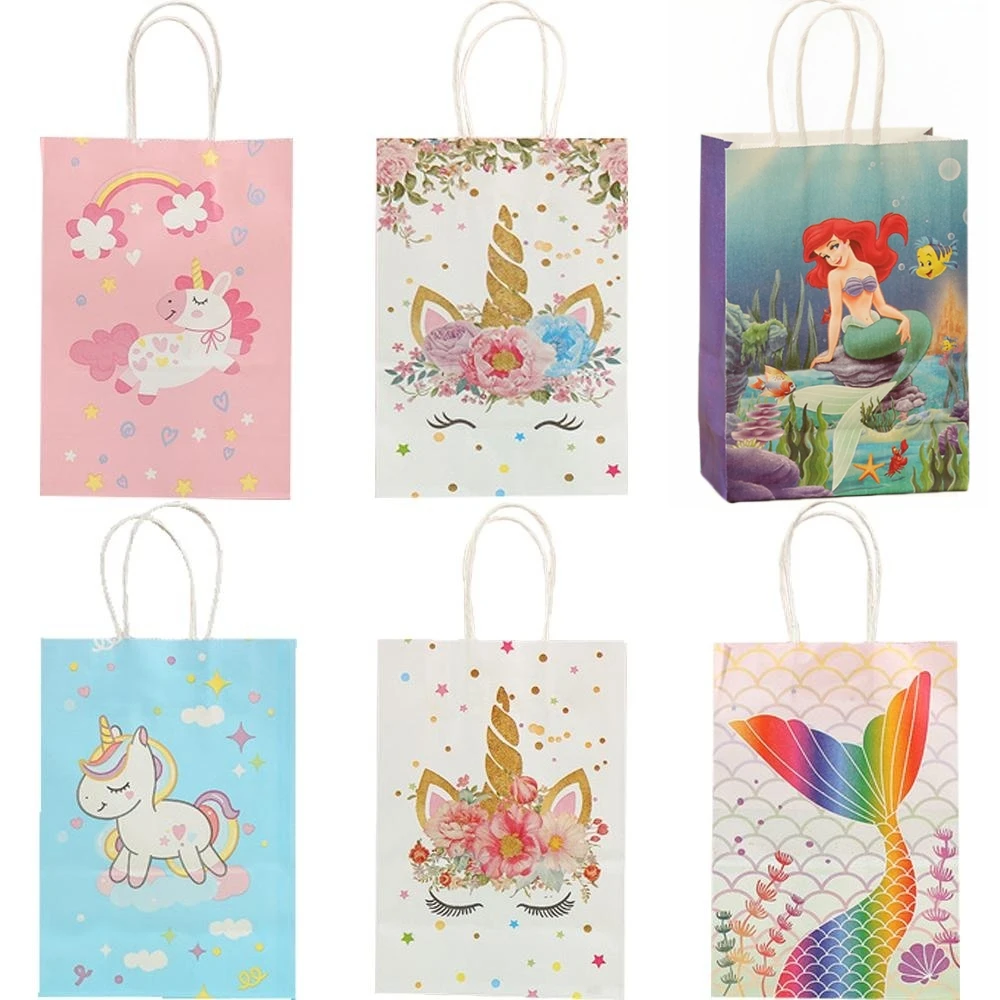 

12pcs Unicorn Mermaid Handbag Candy Bag Gift Box Kraft Paper Bag Birthday Decoration Kids Event Party Kawaii Girl Favor Supplies