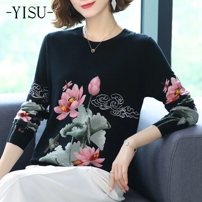 

YISU 2021 New Casual Spring Autumn Women Sweater O-Neck Lotus Printing Long sleeve Tops Female Jumper Loose Knitted pullover