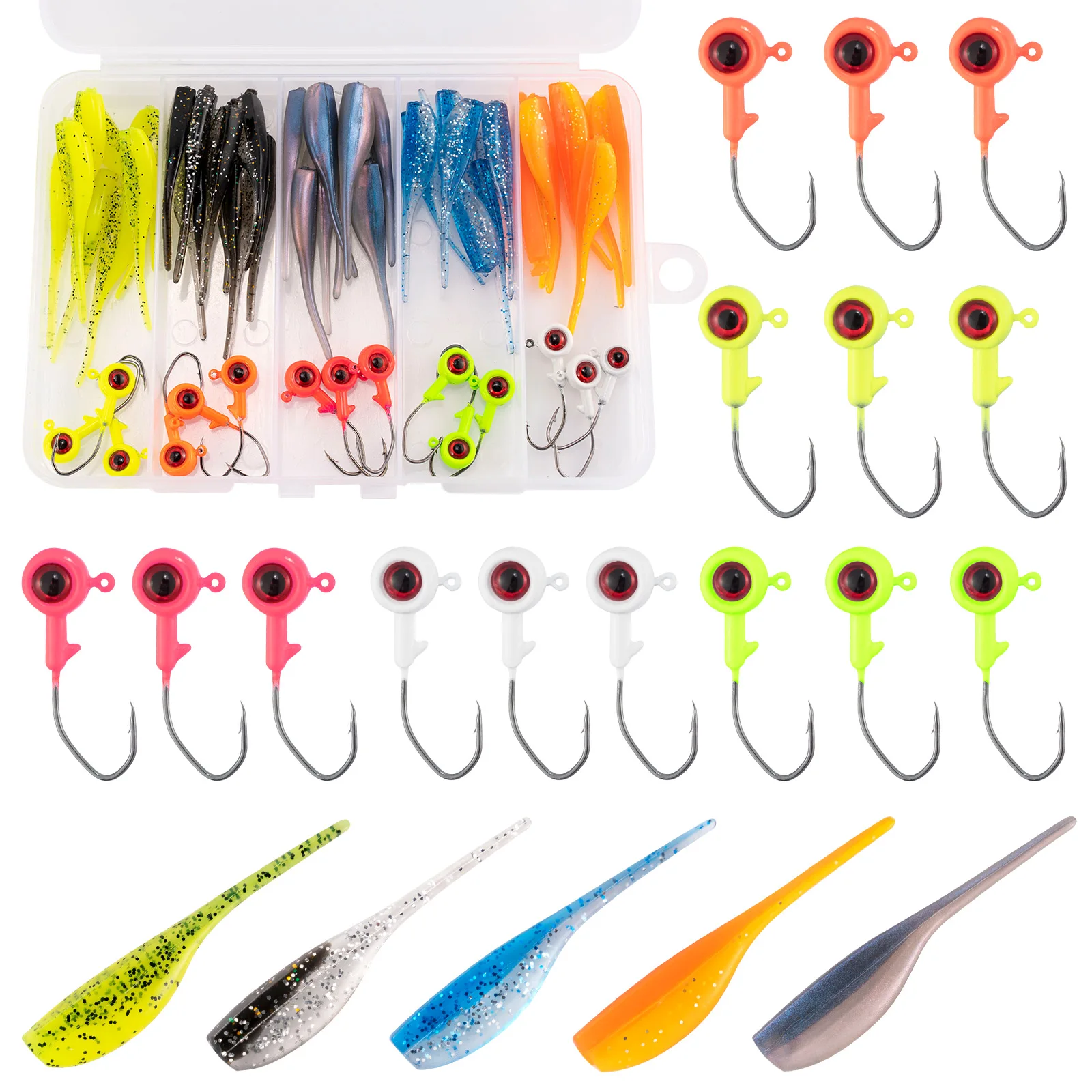 

55pcs Crappie Lures Kit Jig Head Hook Soft Plastic Lure Bait Grub Worm Bass Bluegill Panfish Fishing Jig with Tackle Box Trout