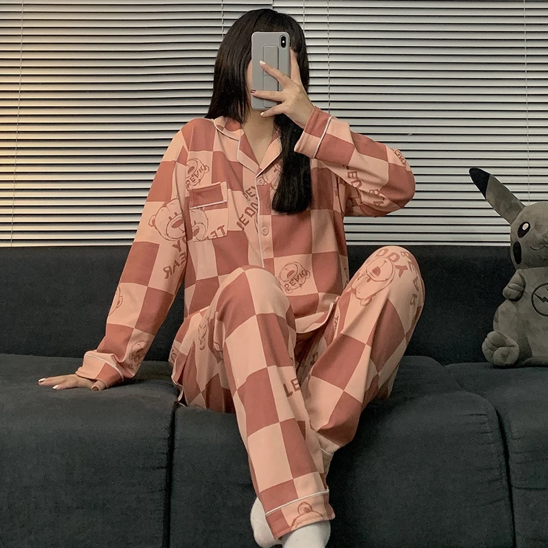 Yasuk Spring Summer Fashion Women's Casual Lovely Solid Plaid Long Short Sleeve Sleepwear Soft Pajamas With Pants Loose Pullover