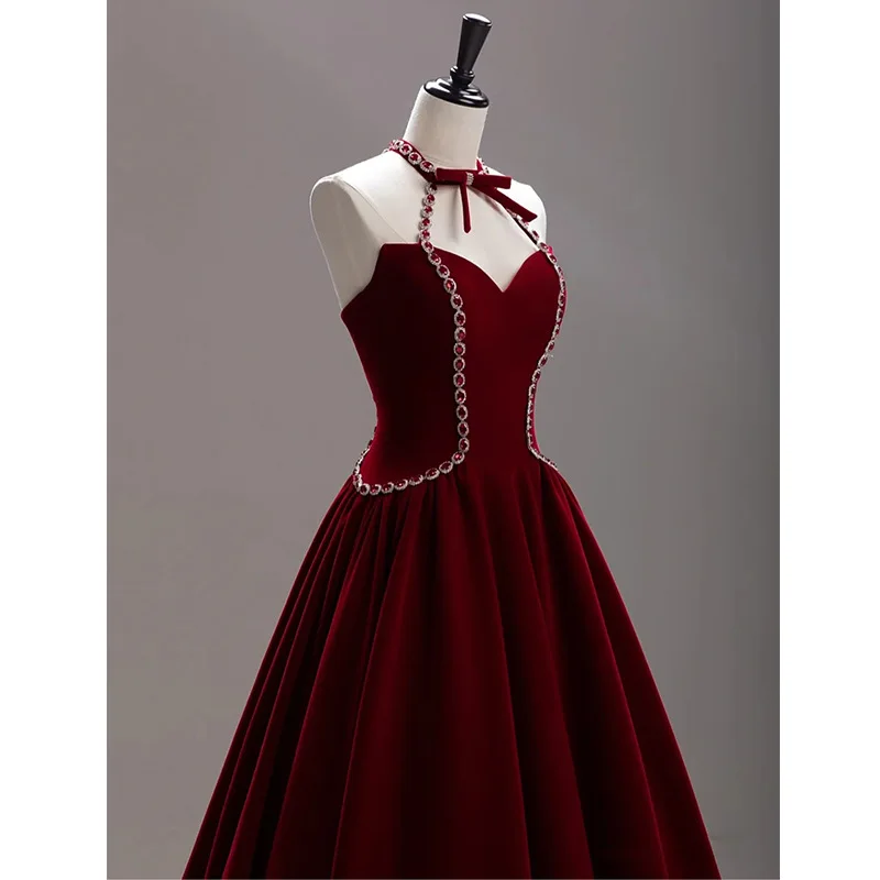 Women Sexy Halter Backless Formal Dress French Burgundy Velour Evening Party Prom Gown Toast Clothing