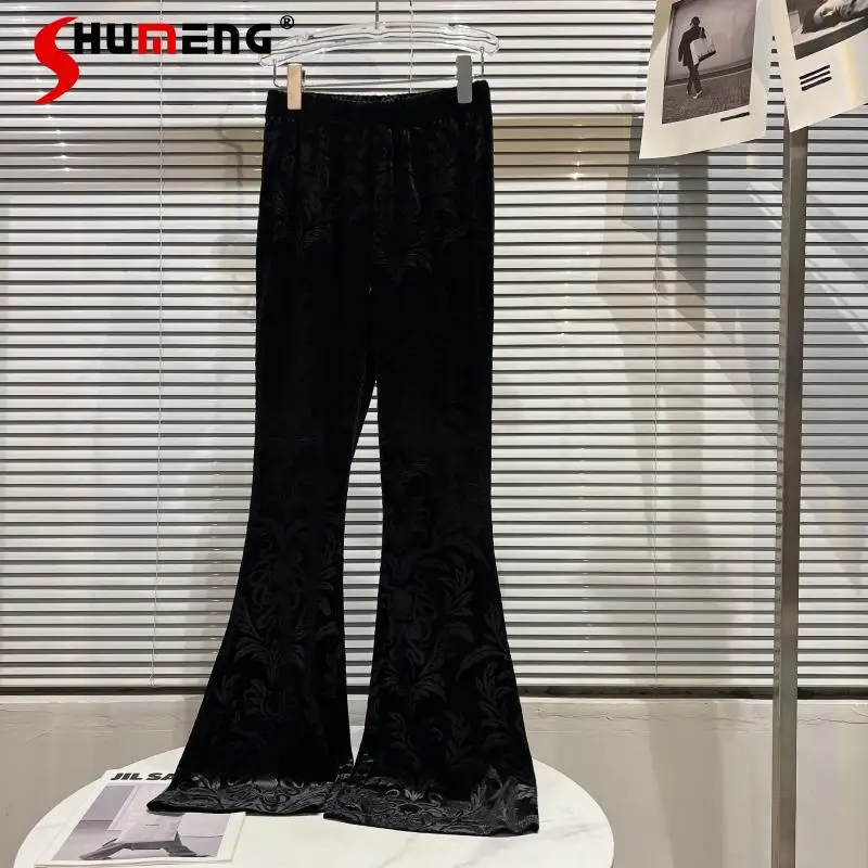 

Women's Loose High Waist Bootcut Trousers 2022 Spring New Fashion Dark Pattern Gold Velvet Slim Fit Casual Flare Pants