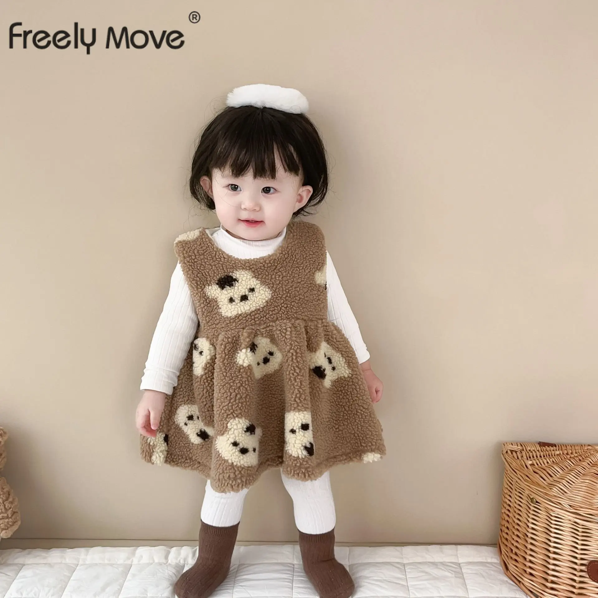 

Freely Move 2022 Winter Baby Cartoon Sleeveless Dress Kids Lamb Wool Vest Princess Dresses Girls Solid Thickened Bottoming Shirt