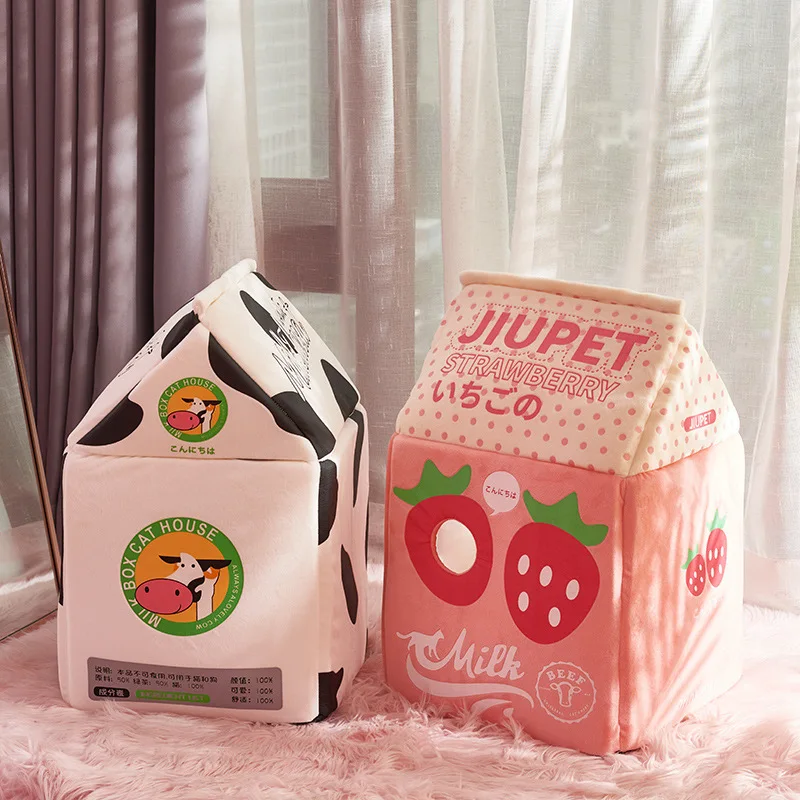 

Foldable Strawberry Banana Milk Box Cat House Cute Pet Cat Bed House Winter Warm Plush Soft Cave Cat Kitten Kennel Pet Supplies
