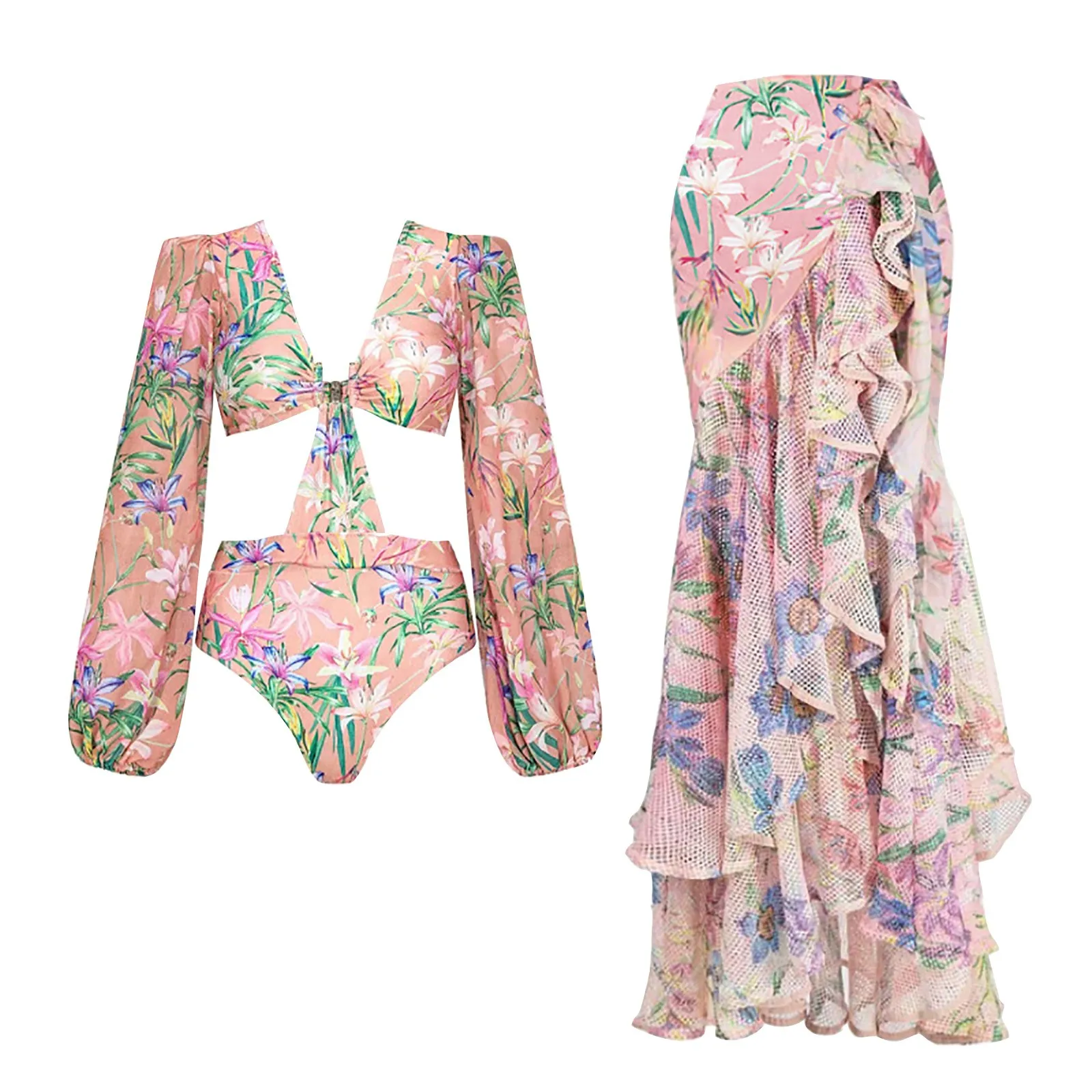 

Women's V Neck Long Sleeve Floral Ruffled Mesh Stitching Swimsuit Suit