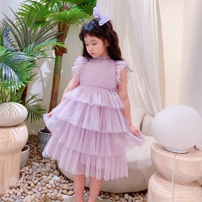 

Распродажа 4,5, Детская летняя модная одежда, темпераментное платье для девочек, фиолетовое Сетчатое пышное платье, платье принцессы с корот...