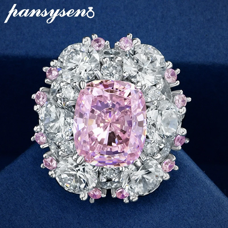 

PANSYSEN 100% 925 Sterling Silver Romantic Pink Blue 10*12mm 4CT High Carbon Diamond Gemstone Wedding Engagement Rings for Women