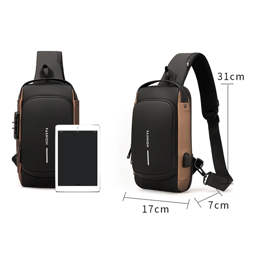 Fashion Men Chest Bag Waterproof Men Crossbody Bag Anti-theft Tape Bag with USB Charging Port Patent Leather Shoulder Sling Bags