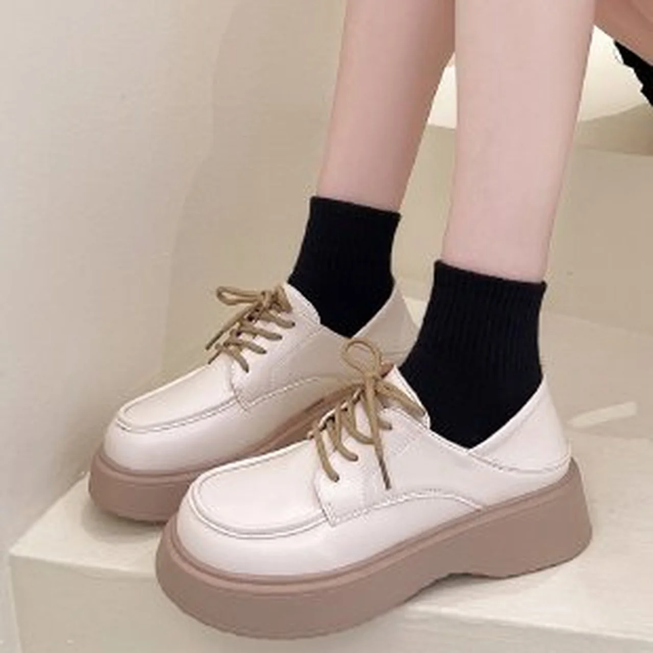 

Women's small leather shoes British style single shoes 2022autumn retro thick-soled casual shoes fashion Beige Zapatillas Mujer
