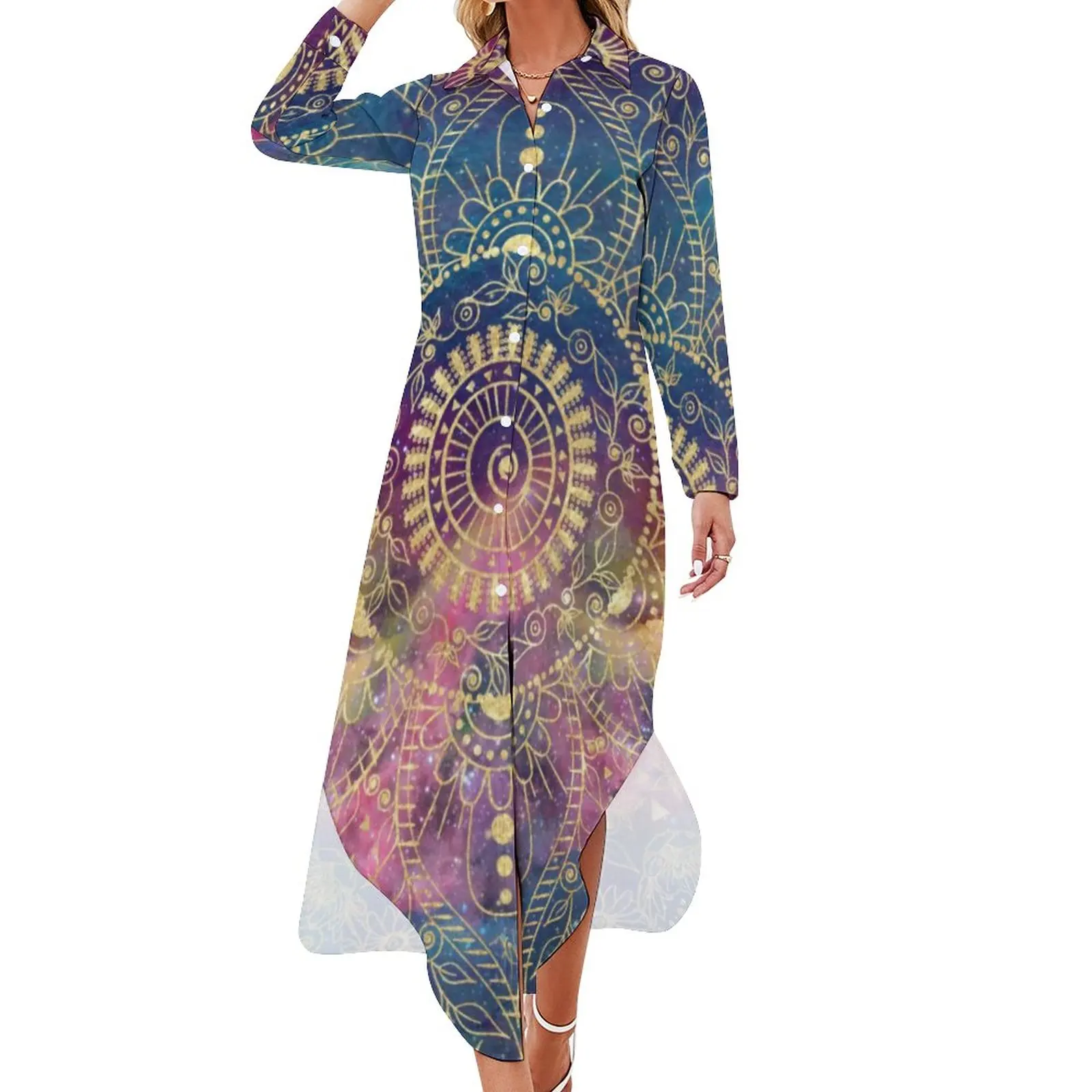 

Женское шифоновое платье с цветочным принтом, длинным рукавом и V-образным вырезом