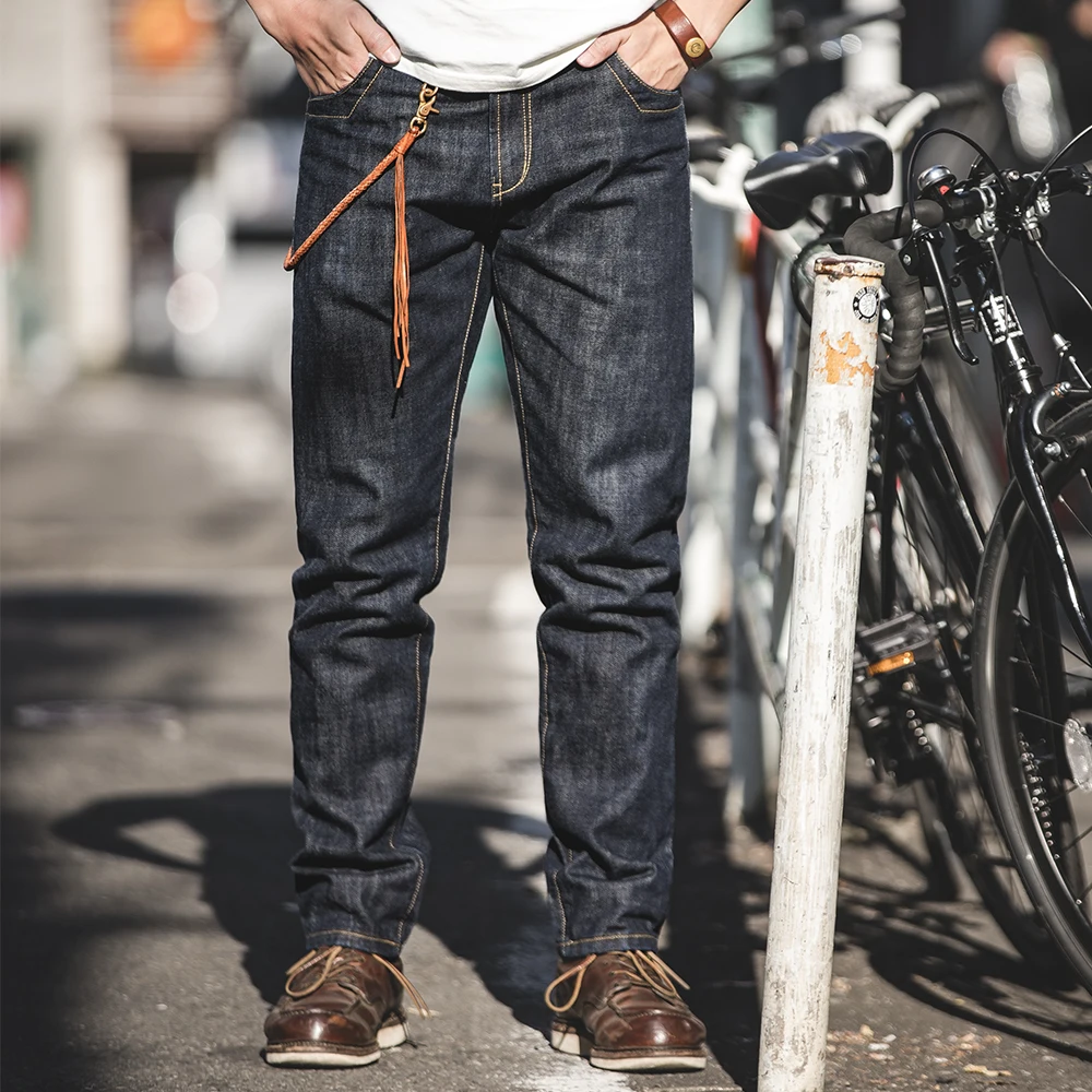 Винтажные тяжелые мужские джинсы Maden эластичные прямые брюки из денима с красной