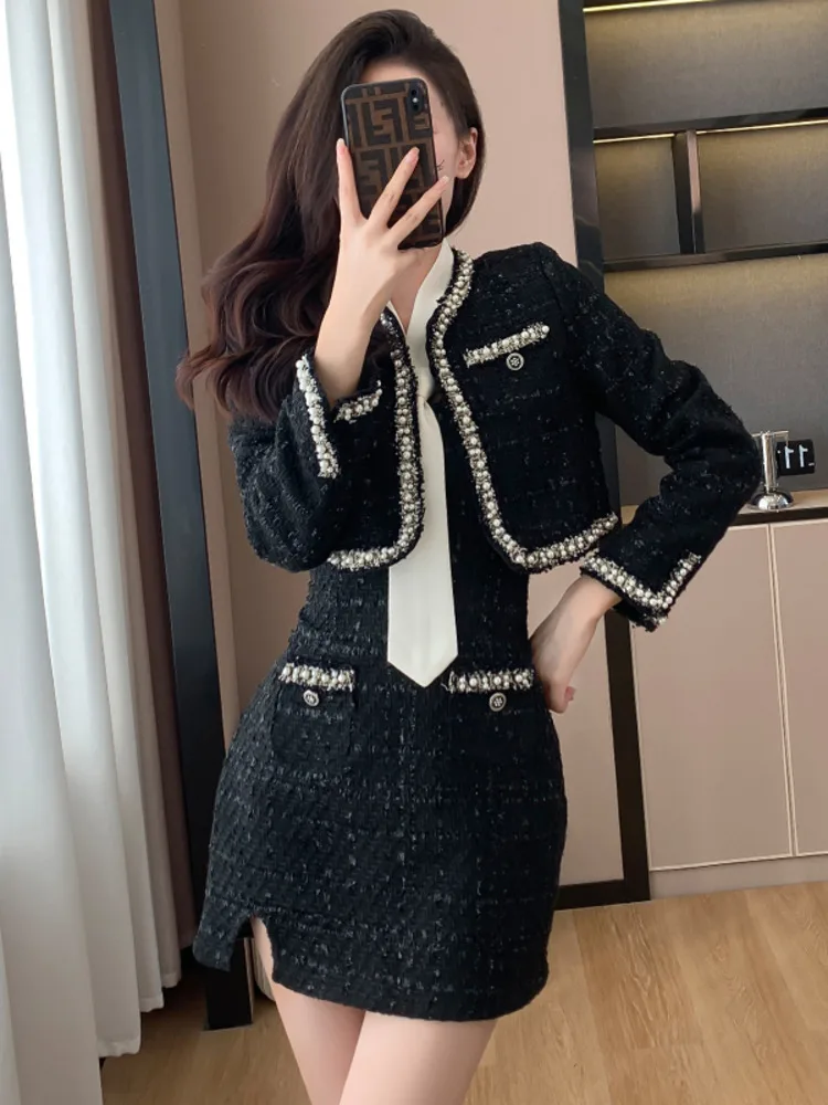 

Fashion Small Fragrant Tweed Dress Suits Beading Short Coat Tops + Sleeveless Sling Dress Korean Two Piece Set Women Outfit 2023