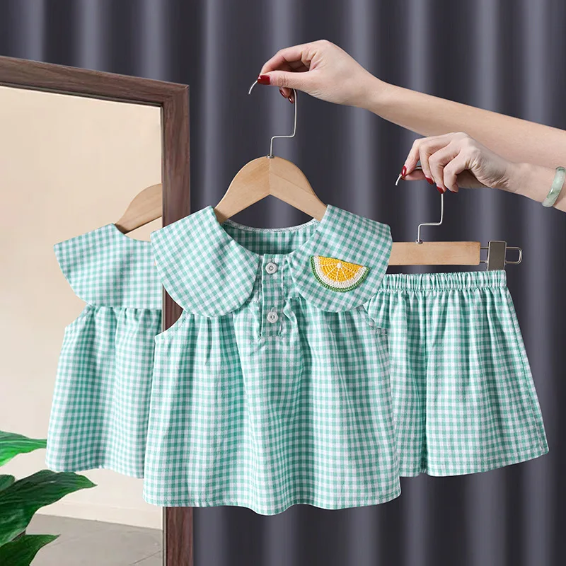Children Summer 2023 Kids Two Piece Korea Leisure Cotton Ruit Tank Vest Plaid Shorts Home Pants Sets For Girl From 2 to 4 Years