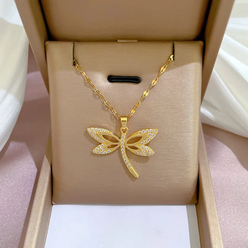 

Gold Color Dragonfly Pendant Necklace for Women Korean Fashion Girls Luxury 316L Stainless Steel Clavicle Chain Party Jewelry