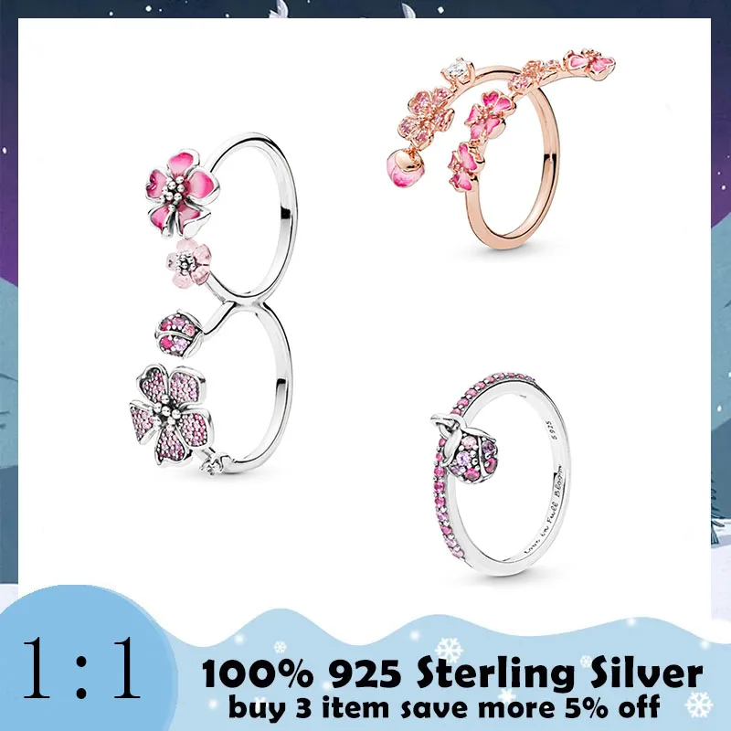 

High Quality 100%925 Pure Silver Pink Peach Blossom Ring Fashion Temperament Jewelry Manufacturers Wholesale Delivery