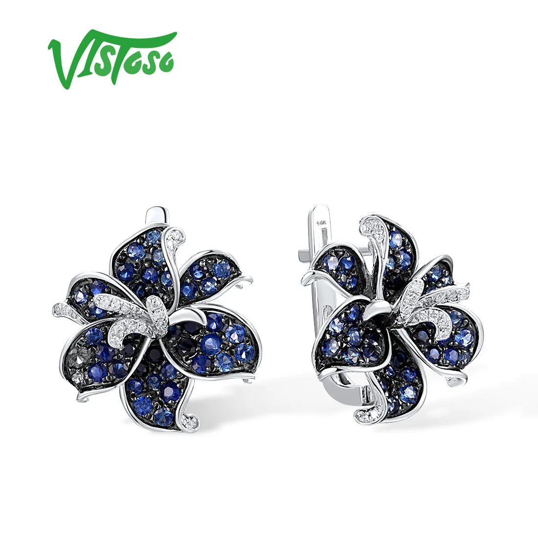 

VISTOSO Genuine 14K 585 White Gold Earrings For Women Sparkling Blue Sapphire Diamond Lily Flower Earrings Gorgeous Fine Jewelry