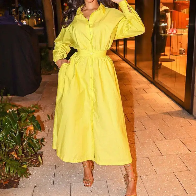 

Элегантное офисное платье-рубашка с отложным воротником на пуговицах, повседневное женское Платье макси с длинным рукавом, женское Модное Длинное Платье с тонкой талией