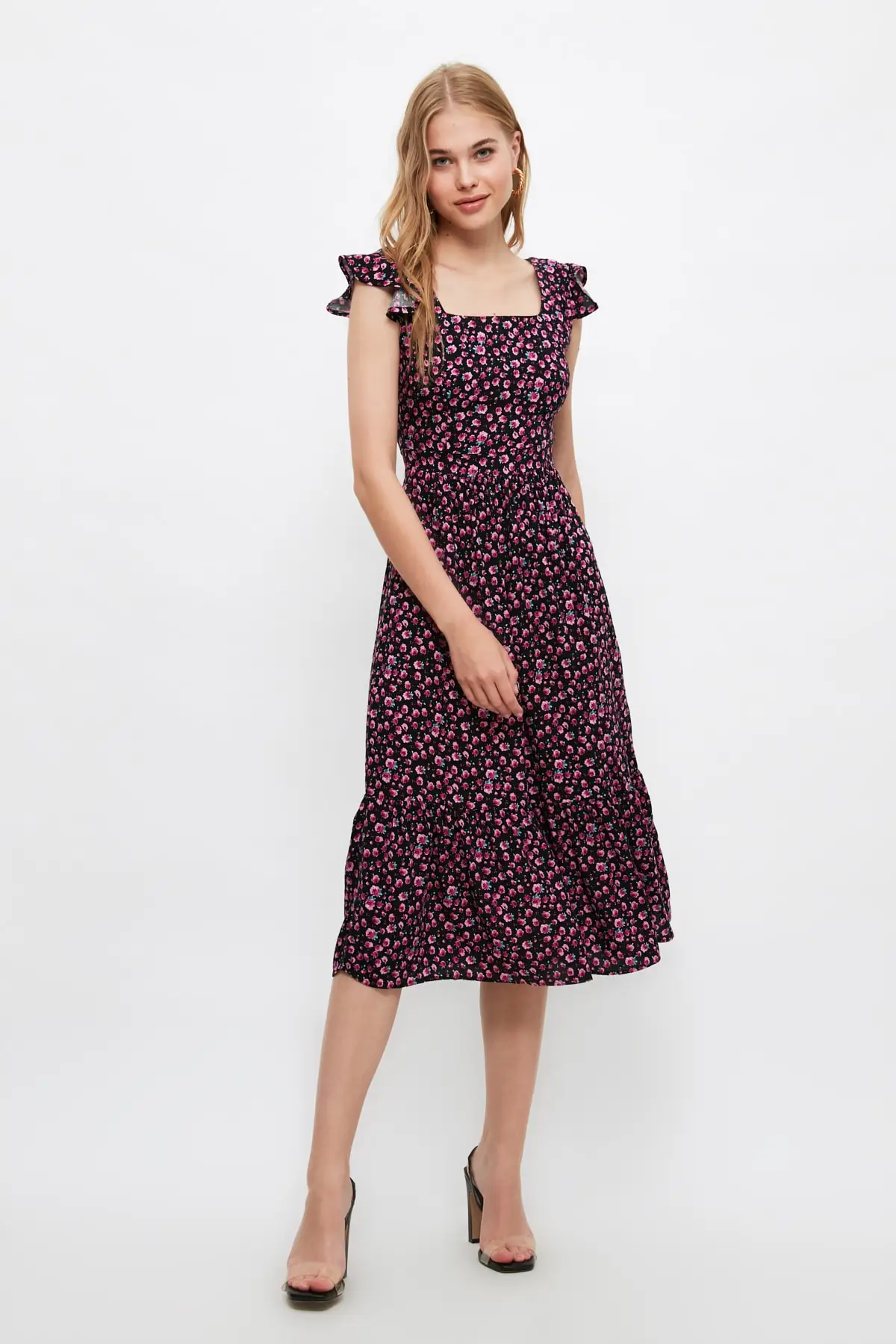 

Multi-Color Floral Print Dress TWOSS20EL3331 Floral Trend Midi A-line Askılı Woven Viscose Square Collar White Shoul Outdoor