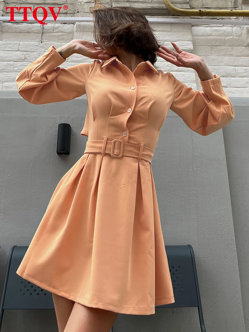 

TTQV Fashion Orange Lapel Womens Dresses Autumn Long Sleeve Hollow Out Button Dress Female Elegant Solid Lace-Up Mini Dresses