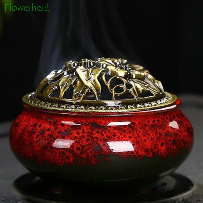 

Ceramic Incense Burner Ice Cracked Household Pan Incense Colorful Kiln Turned Buddha Antique Incense Deodorant Bronze Cover