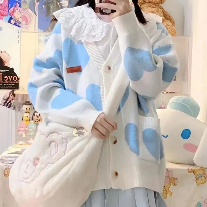 

Kawaii Top Japanese Style Heart Print Blue Knitted Cardigan Sweater Women Cute Harajuku Preppy Fashion V-neck Jumper Female