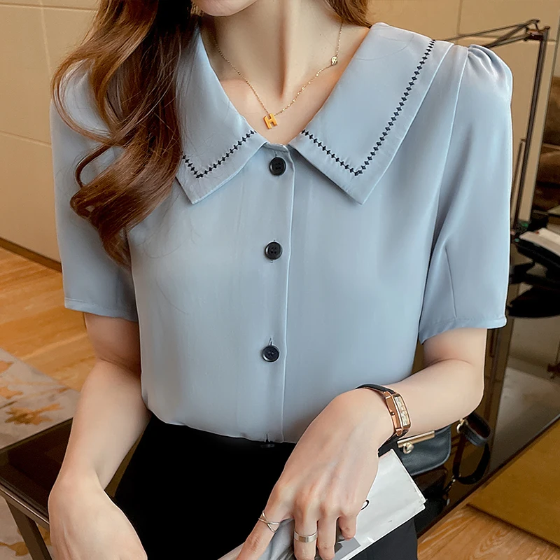 Летние шифоновые рубашки с кукольным воротником и короткими рукавами женская