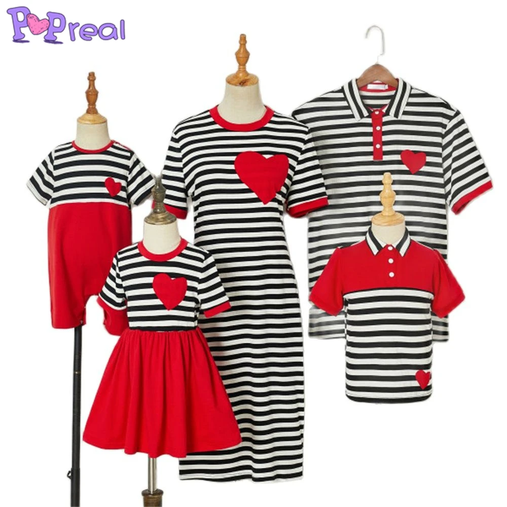 

PopReal Mother And Daughter Dress Summer Casual Striped Red Heart-shaped Embroidery Family Matching Outfits Father Son T Shirt