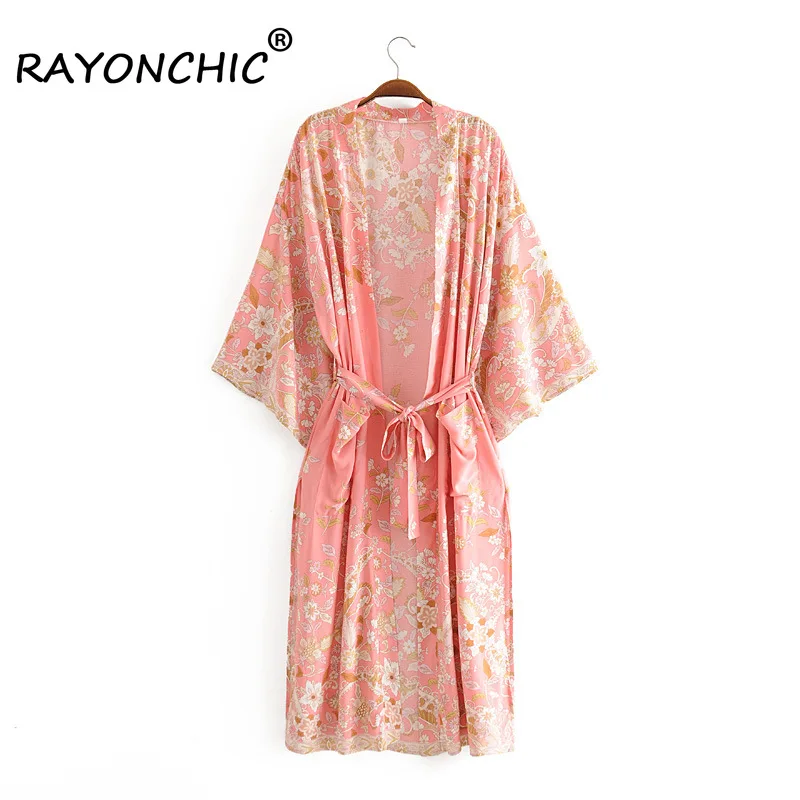 

RAYONCHIC Bohemian Style Beach Caftan Bikini Cover Ups Floral Print Rayon Hippie Maxi Robes Beach Wear Vintage Kimono Cover-up