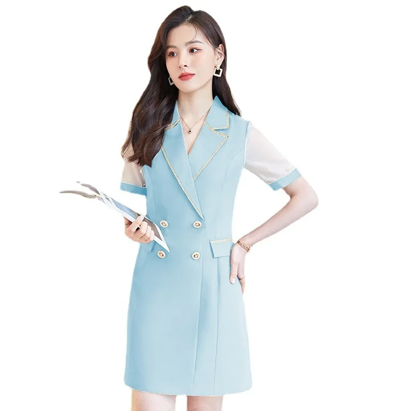 

Elegant Woman Patchwork Dress Spring Summer Long Sleeve Notched Collar Double-breasted Button Female Blue Fashion Dresses 2022