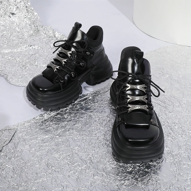 Women's Metal Platform High-Top Shoes 2022 Autumn and Winter New Punk Leather Shoes Gothic Dark Height Increase Device Car Boots