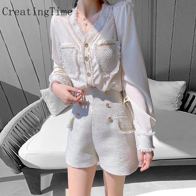 

Женский винтажный твидовый костюм из двух предметов, рубашка с карманами и шорты с высокой талией, модель LH658 на осень, 2022