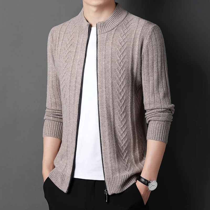 

Men's pure wool sweater zipper cardigan autumn and winter stand collar jacquard Korean jacket thickened men's sweater