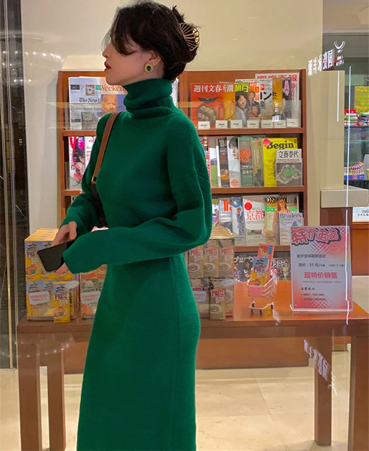 

Turtleneck Women's Dress Long Sleeve Sweater Kintted Dresses Women High Waist Slim Autumn Winter Pullover Knitting Long Robe New