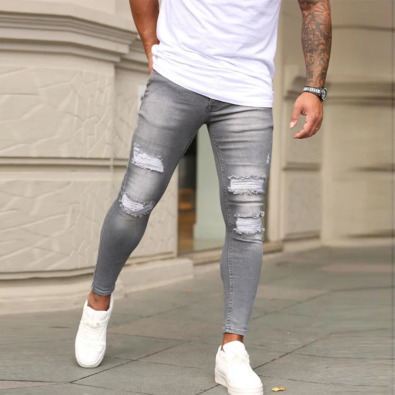 Fall Fashion Skinny Jeans Classic Grey Knee Hole Stretch Pencil Pants Daily Social Casual Jogging Jeans Masculina  Streetwear